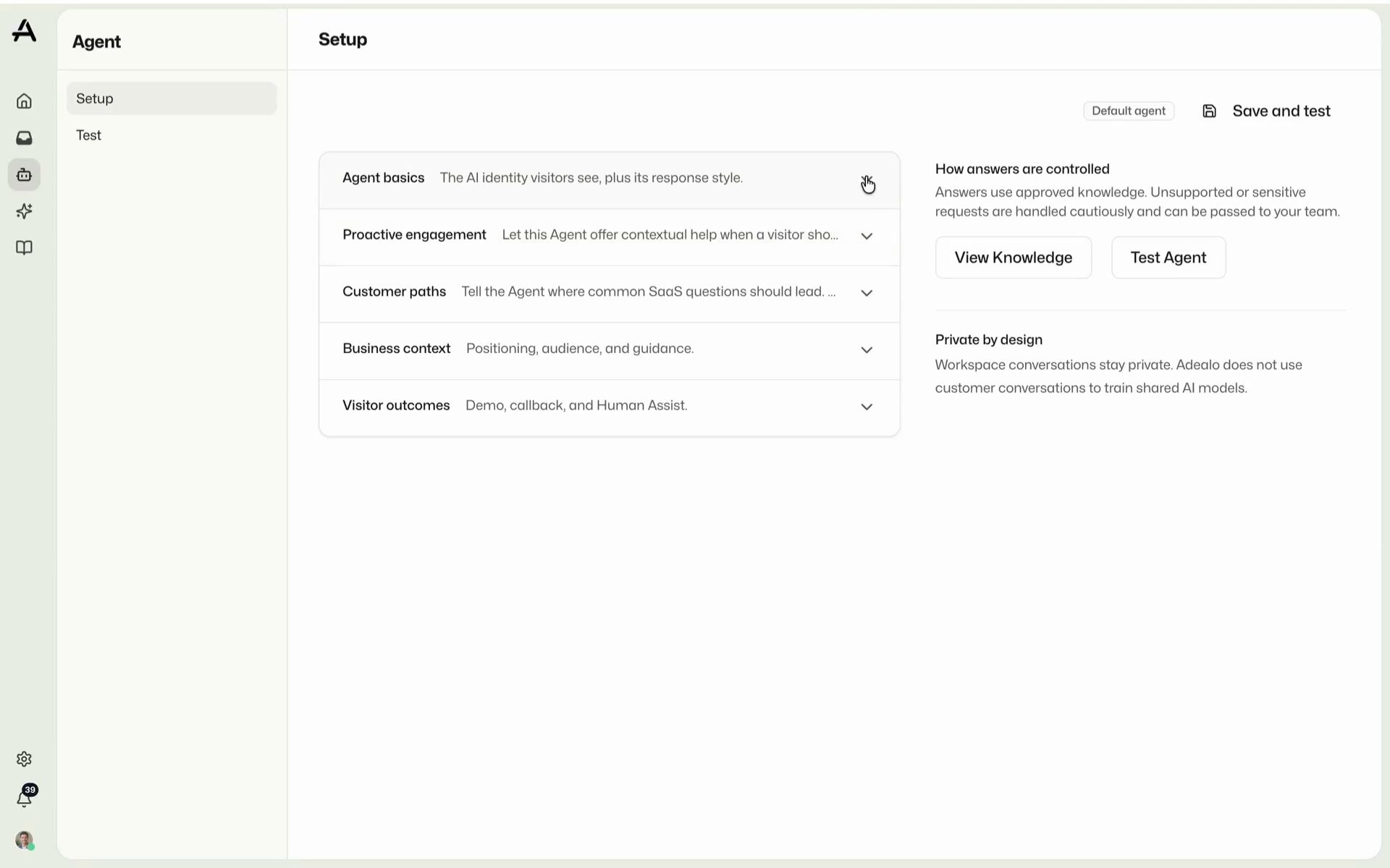 Adealo agent settings for identity, proactive help, customer paths, and outcomes
