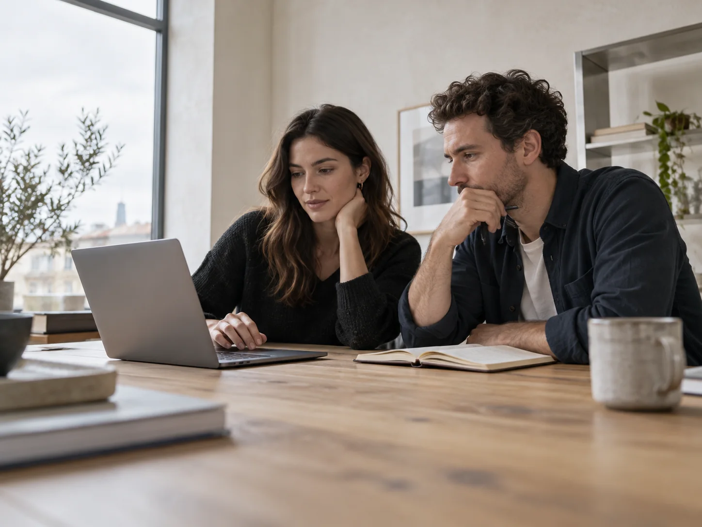 Illustrative scene of two founders reviewing a laptop and product notes